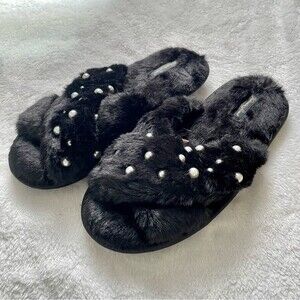 Victoria’s Secret Black Fuzzy Pearl Slippers